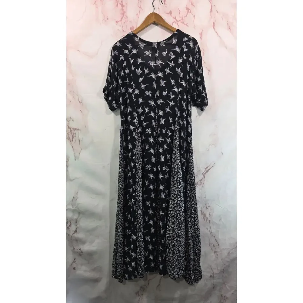 Vintage 90s Dress Womens Medium Black Blue Maxi Midi Floral Witchy Ditzy Micro - Picture 5 of 11